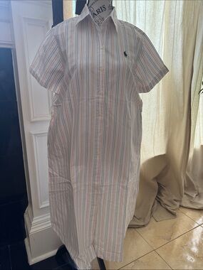 Ralph Lauren White Button-Front Striped Shirt Dress